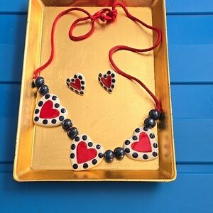Handmade Heart Necklace & Earring Set - Red and Navy  Pierced Earrings.